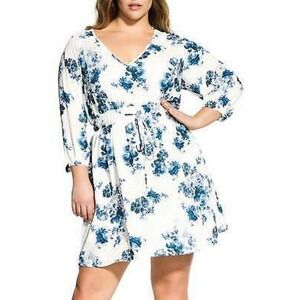 City Chic Women Floral Sheath Dress Calf 1/2 Sleeve V Neck White Blue Size XS/14